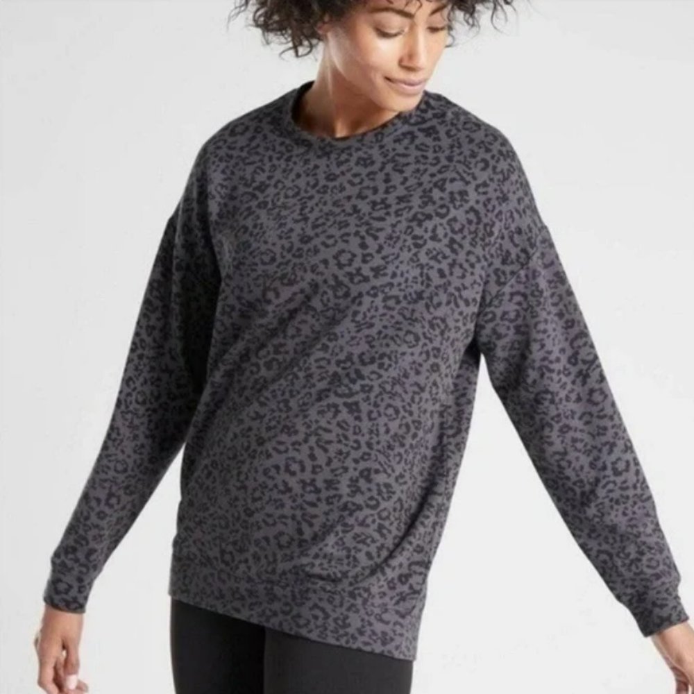 Athleta Pure Luxe Leopard Sweater in Gray and Black, L